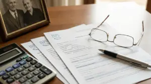 Moduli INPS su un tavolo con occhiali, penna e calcolatrice, accanto a una foto in cornice di una coppia anziana