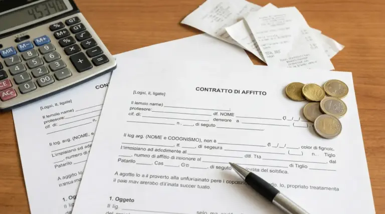Contratto di affitto su scrivania con calcolatrice, monete e penna, per calcolo canone e cedolare secca