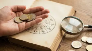 Mano con monete in euro su un libro con ruota dello zodiaco, con lente d’ingrandimento sul tavolo