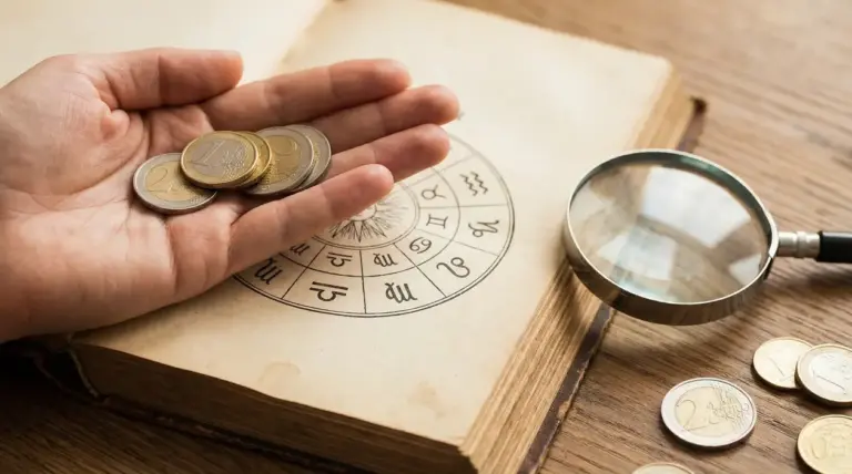 Mano con monete in euro su un libro con ruota dello zodiaco, con lente d’ingrandimento sul tavolo