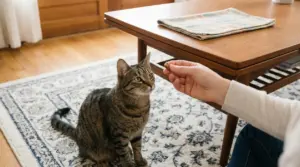 Gatto tigrato seduto vicino al tavolino mentre una mano gli offre un premietto per l’addestramento