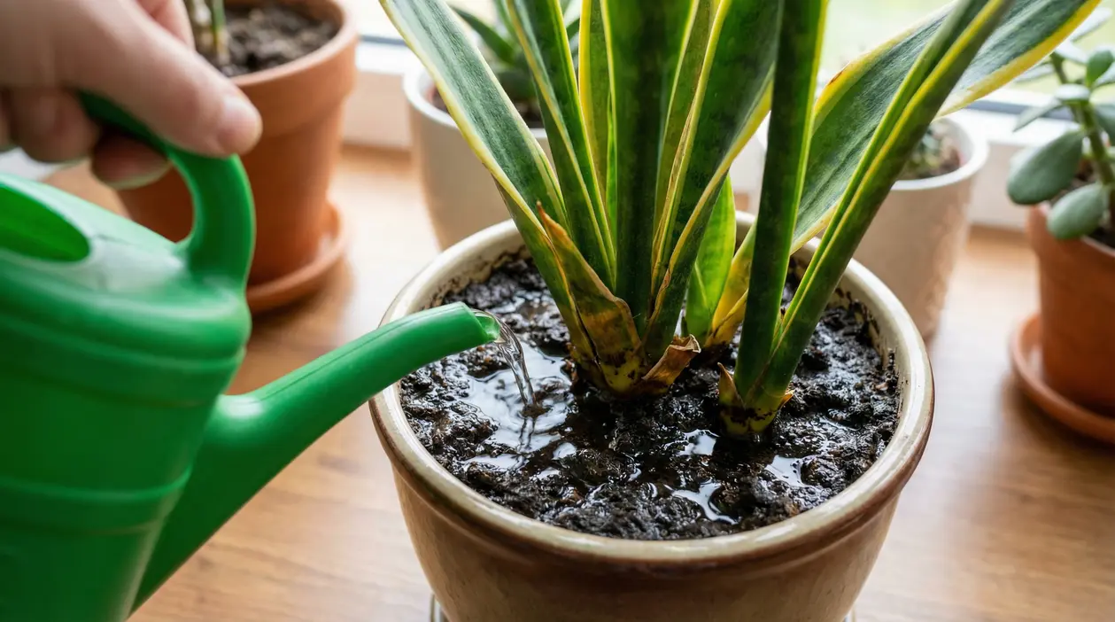 Annaffiatura eccessiva di una sansevieria in vaso con terreno molto bagnato, possibile causa di marciume e crescita lenta