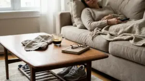 Persona sdraiata sul divano dopo un pasto, con tazza di caffè sul tavolino in salotto