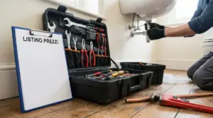 Cassetta degli attrezzi e listino prezzi mentre un idraulico lavora sotto il lavandino in bagno
