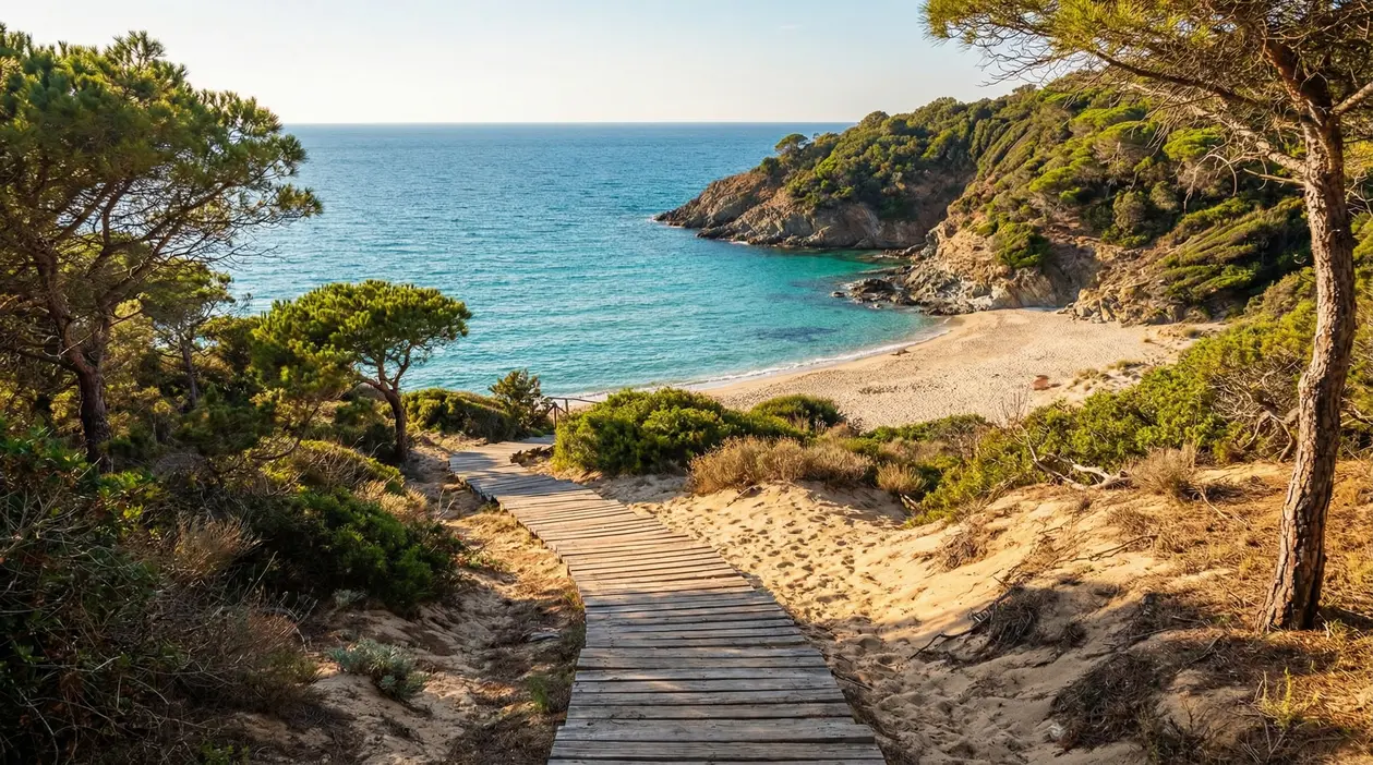 Passerella in legno tra dune e pini che scende verso una caletta di sabbia e mare turchese in Toscana