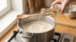 Mano che versa aceto nell’acqua di cottura del riso in una pentola sul fornello, con vapore e cucchiaio di legno