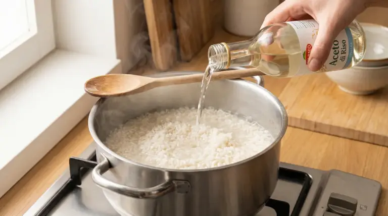 Mano che versa aceto nell’acqua di cottura del riso in una pentola sul fornello, con vapore e cucchiaio di legno