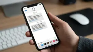 Mano che tiene uno smartphone con SMS sospetti e link, esempio di messaggio truffa per rubare dati personali