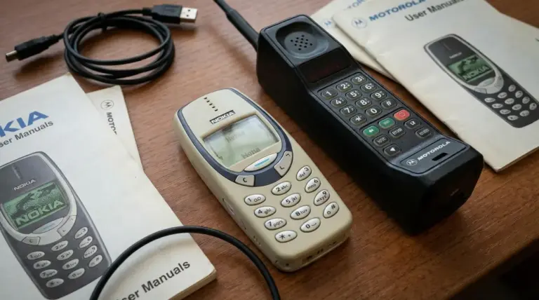 Vecchi cellulari a mattonella con manuali e cavi su un tavolo, pronti per la valutazione da collezionismo
