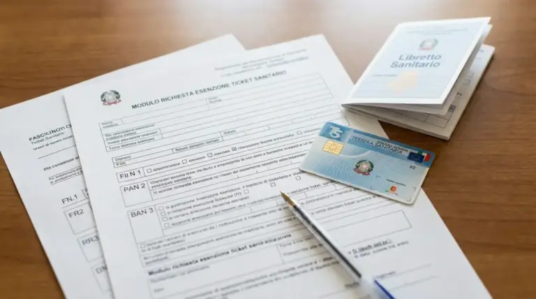 Modulo di richiesta esenzione ticket con tessera sanitaria, penna e libretto sanitario su un tavolo