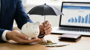 Persona che protegge un salvadanaio con un ombrello, con monete e banconote su una scrivania e grafici su laptop