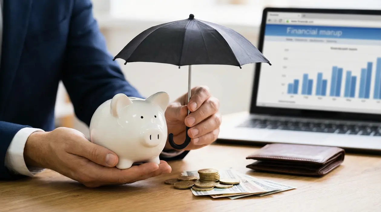 Persona che protegge un salvadanaio con un ombrello, con monete e banconote su una scrivania e grafici su laptop
