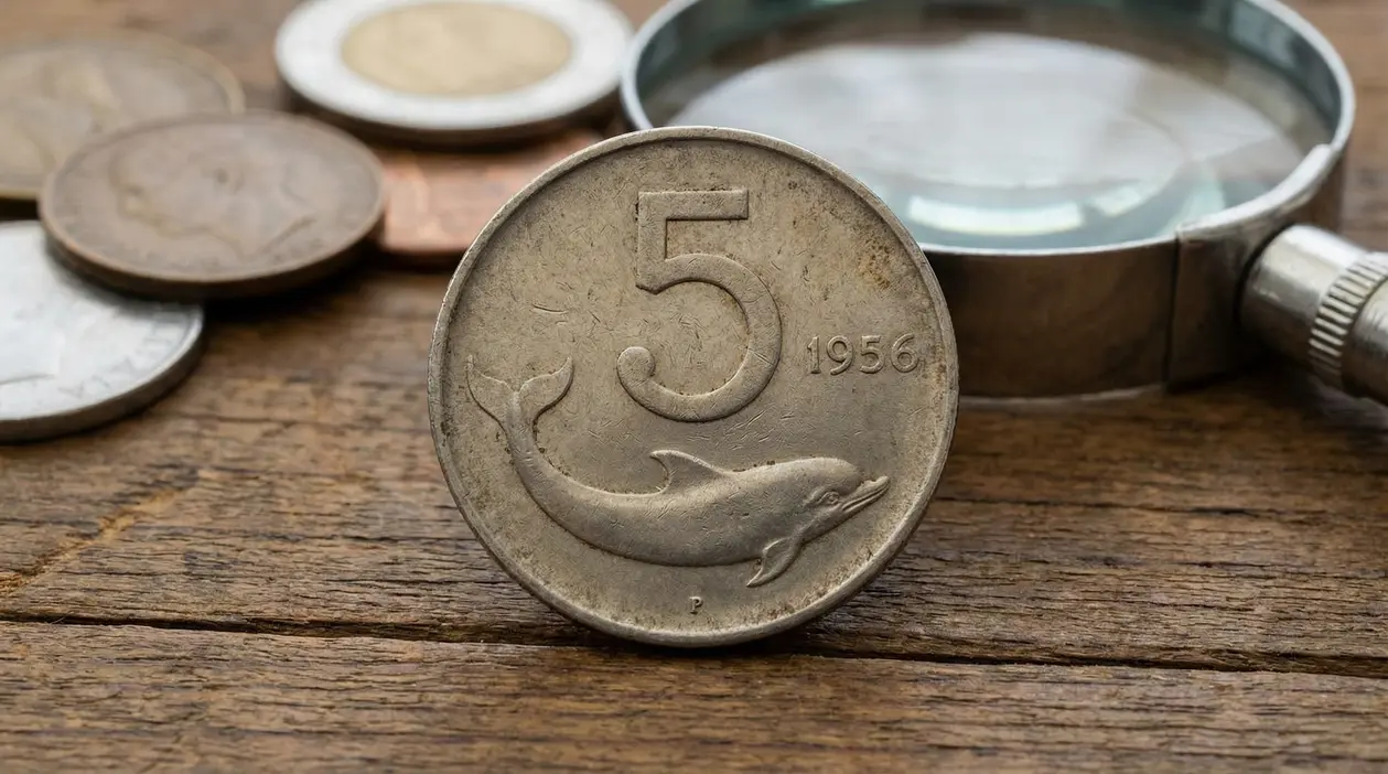 Moneta da 5 lire con delfino (1956) in primo piano accanto a una lente d’ingrandimento su tavolo di legno